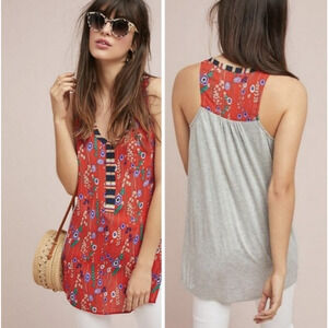 Anthropologie Tiny Floral Tank Women's Size XS Side Slits Sheer Front Rayon Back